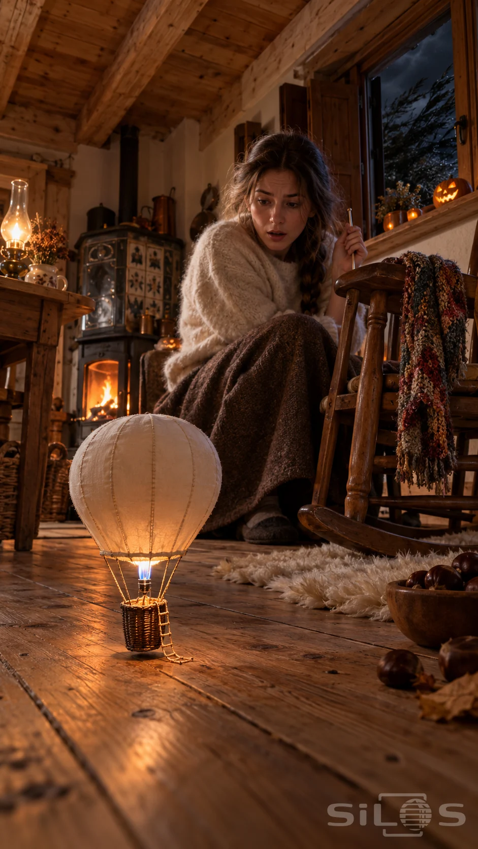 A miniature cream balloon lowers its basket and tiny rope ladder onto chalet floorboards while a woman crouches behind a rocking chair.
