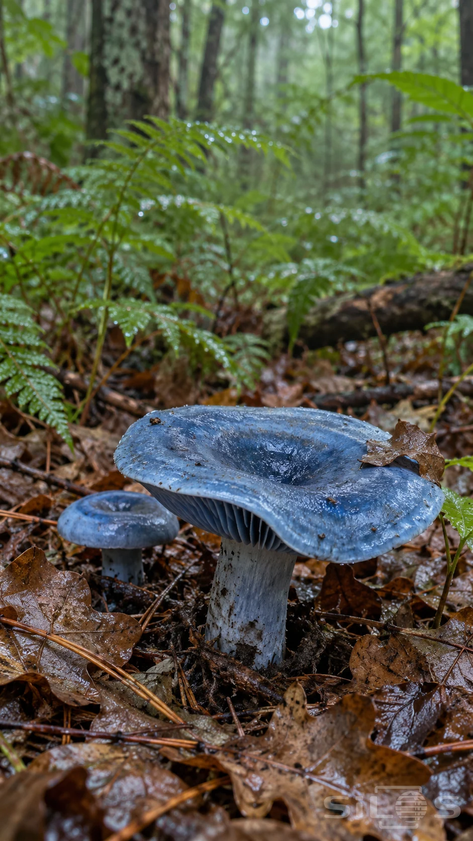 Indigo milkcap with blue gills and a broad funnel cap rises from wet leaf litter in a fern woodland.