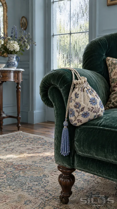 A cream beaded reticule with blue flowers and a blue bead tassel hangs over the arm of a green velvet chair.