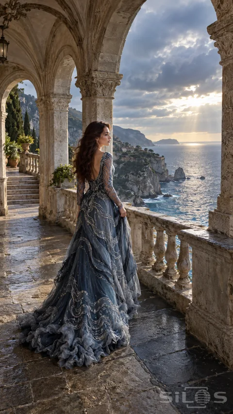 A woman in a blue-silver embroidered gown looks over sea cliffs from a vaulted stone terrace under a clearing sky.