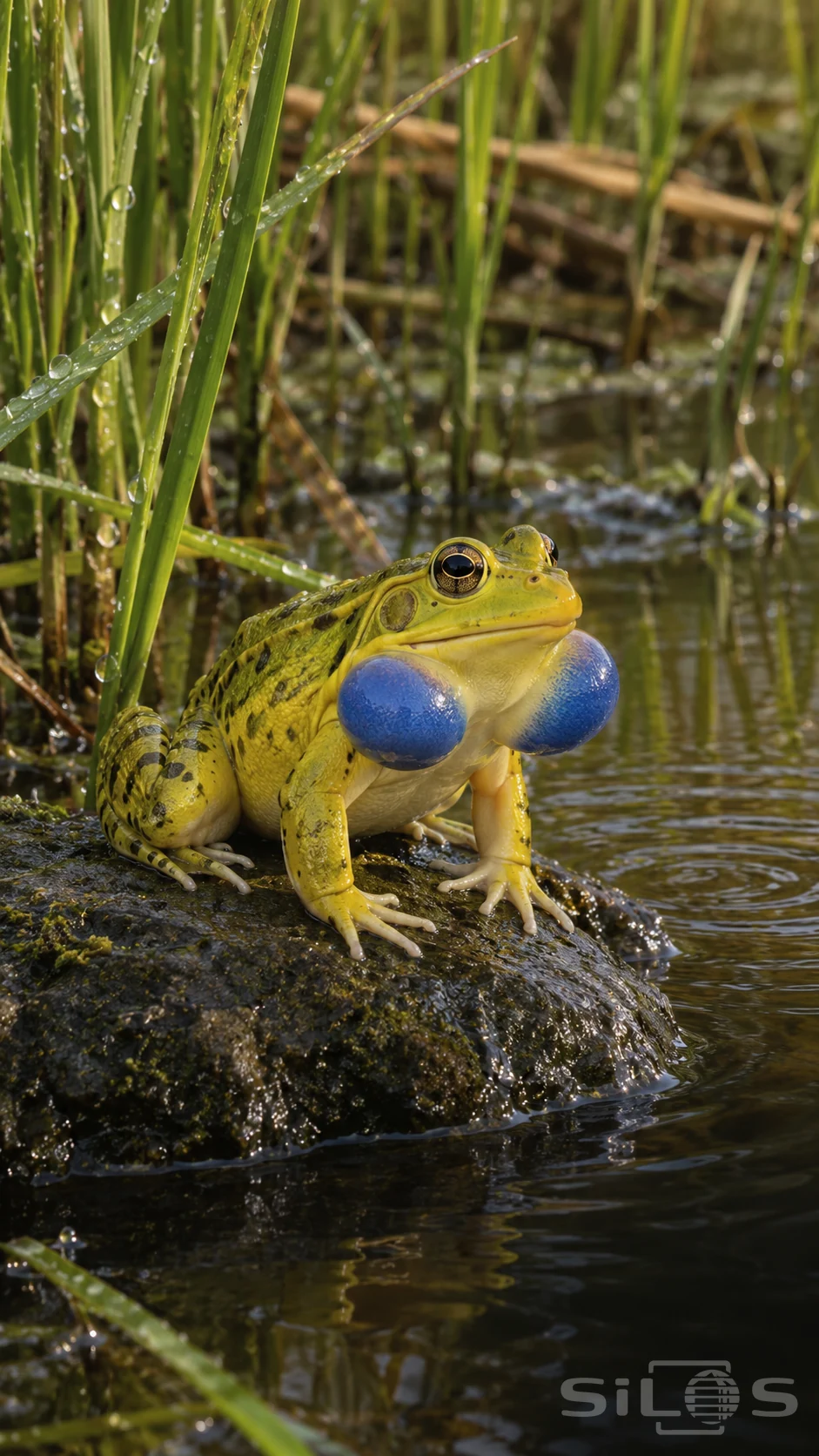 A yellow bullfrog sits on a wet dark stone with two inflated blue cheek sacs, pale toes and thin reeds around it.