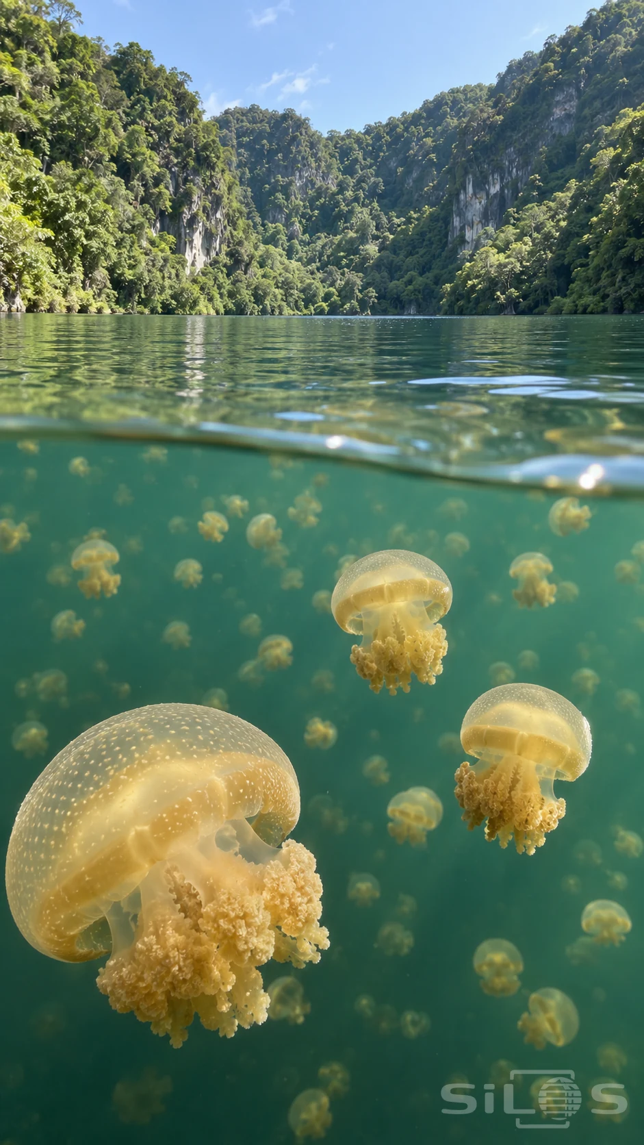 Golden jellyfish drift below a rippling waterline in a forest lake surrounded by green limestone cliffs.