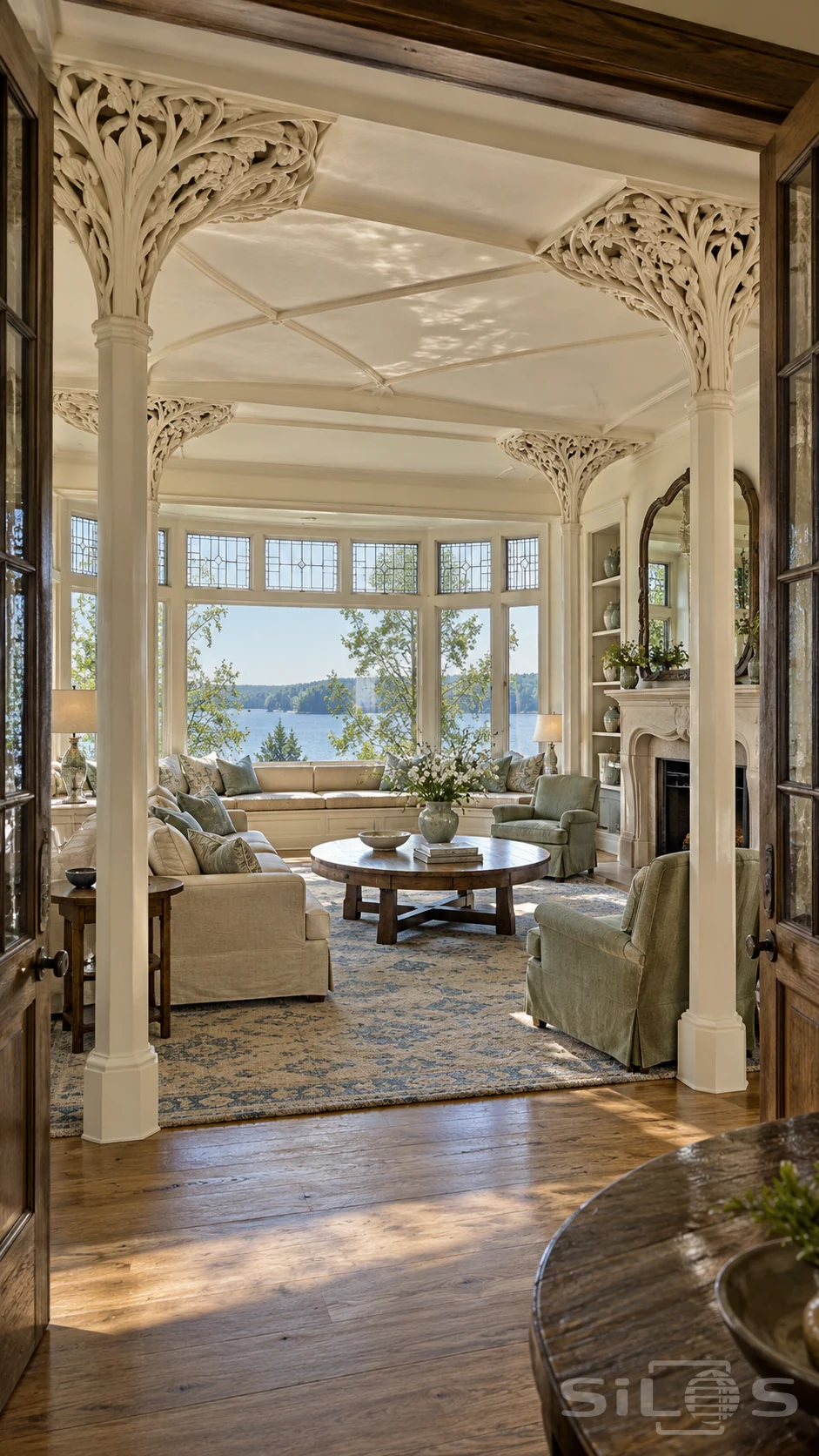 Lakeside drawing room with ivory columns and pierced leaf capitals, cream sofa, sage chairs, blue rug and a broad bay window.