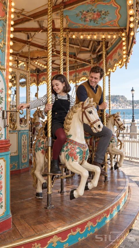 A girl takes a carousel ring beside her painted horse while her father smiles from another horse beneath a canopy of warm bulbs.