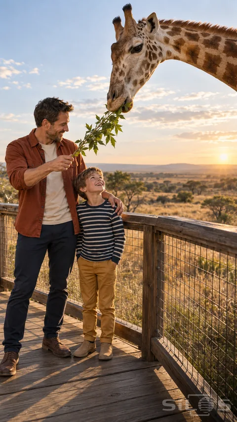 A giraffe reaches toward a leafy branch held by a father standing beside his son at a timber railing.