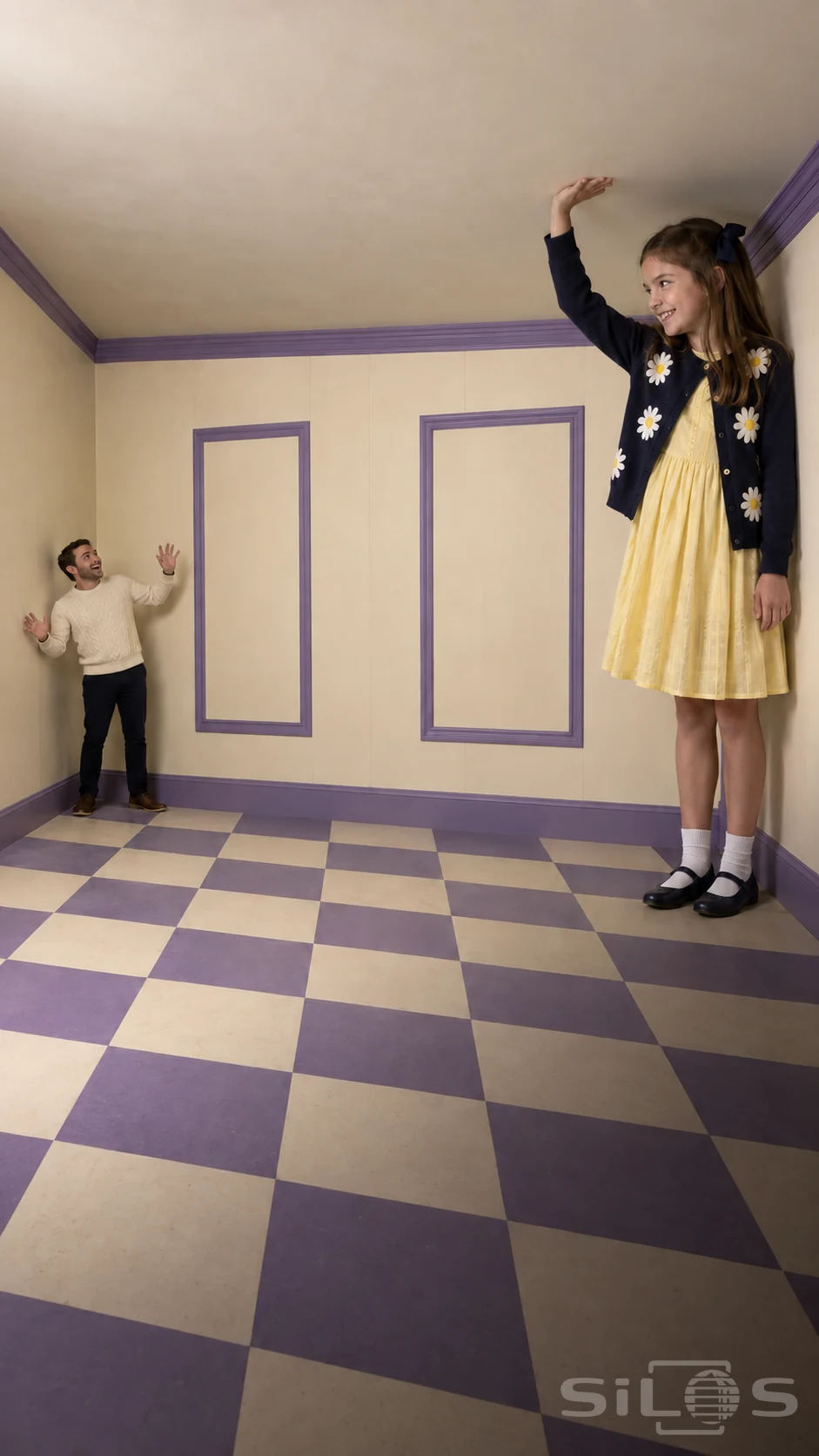 An Ames room illusion showing a daughter who appears taller than her father as they stand in opposite corners above a checkerboard floor.