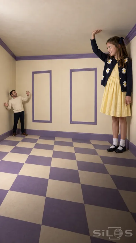 An Ames room illusion showing a daughter who appears taller than her father as they stand in opposite corners above a checkerboard floor.