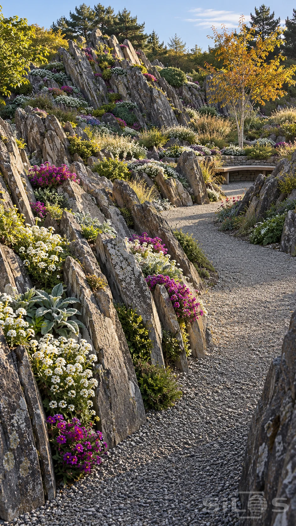 A gravel garden path winds between tall tilted stone slabs filled with white and magenta flowers, leading toward a bench and autumn tree.