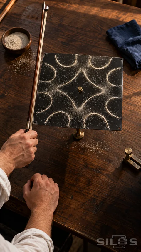 Chladni sand patterns made from white sand on a black vibrating plate with an adult hand holding a wooden violin bow at its edge.