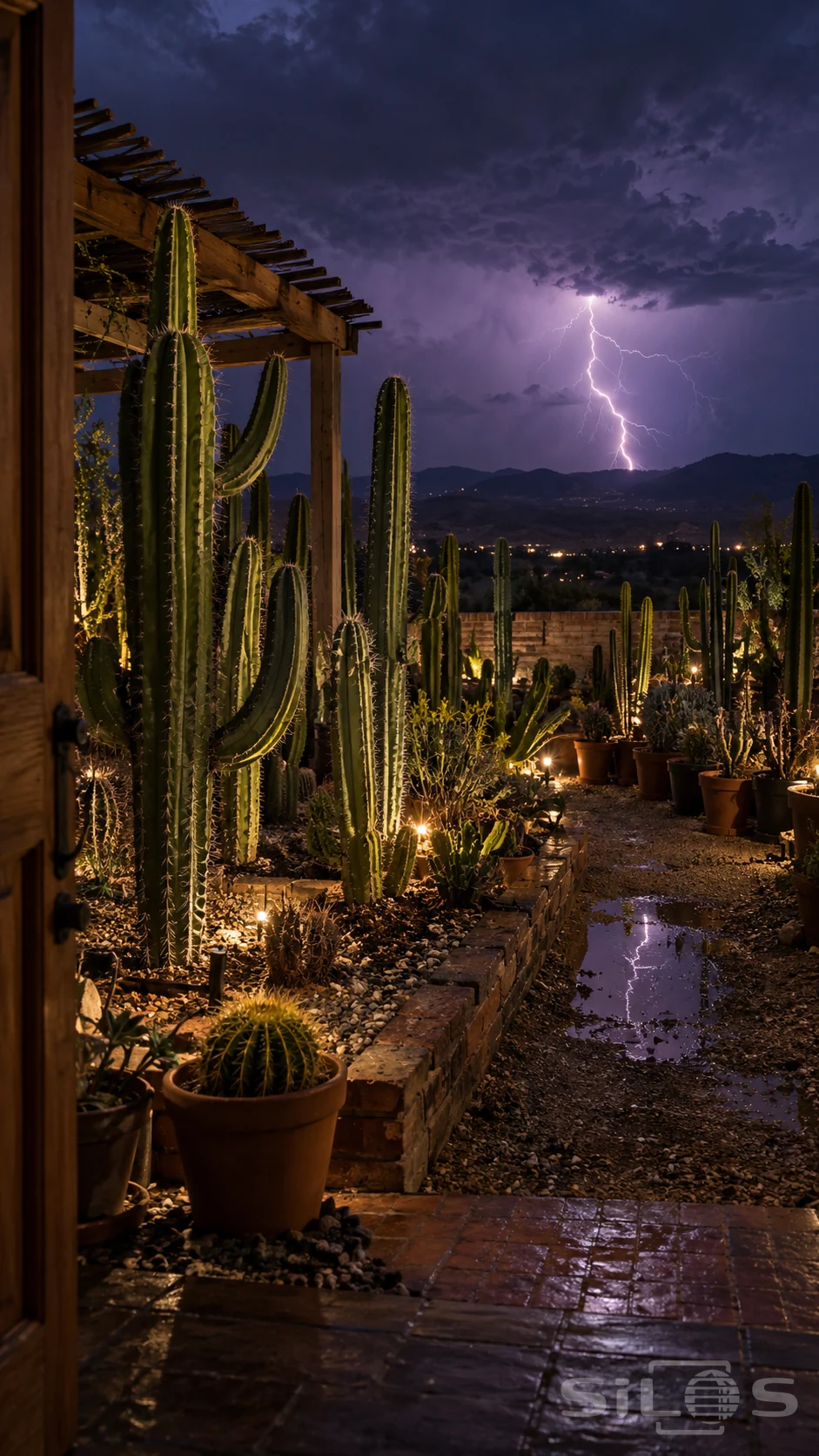 A cactus nursery lit by warm path lamps faces distant lightning beneath violet storm clouds, with pots and wet brick in the foreground.