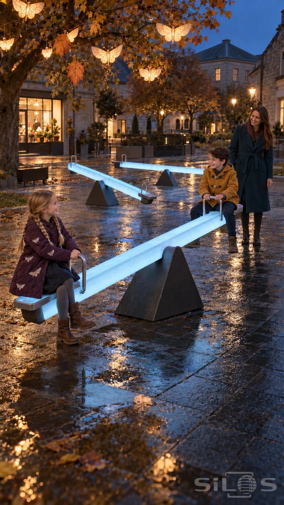 Glowing seesaw installation with two children playing while their mother watches beneath moth lanterns in a wet square.