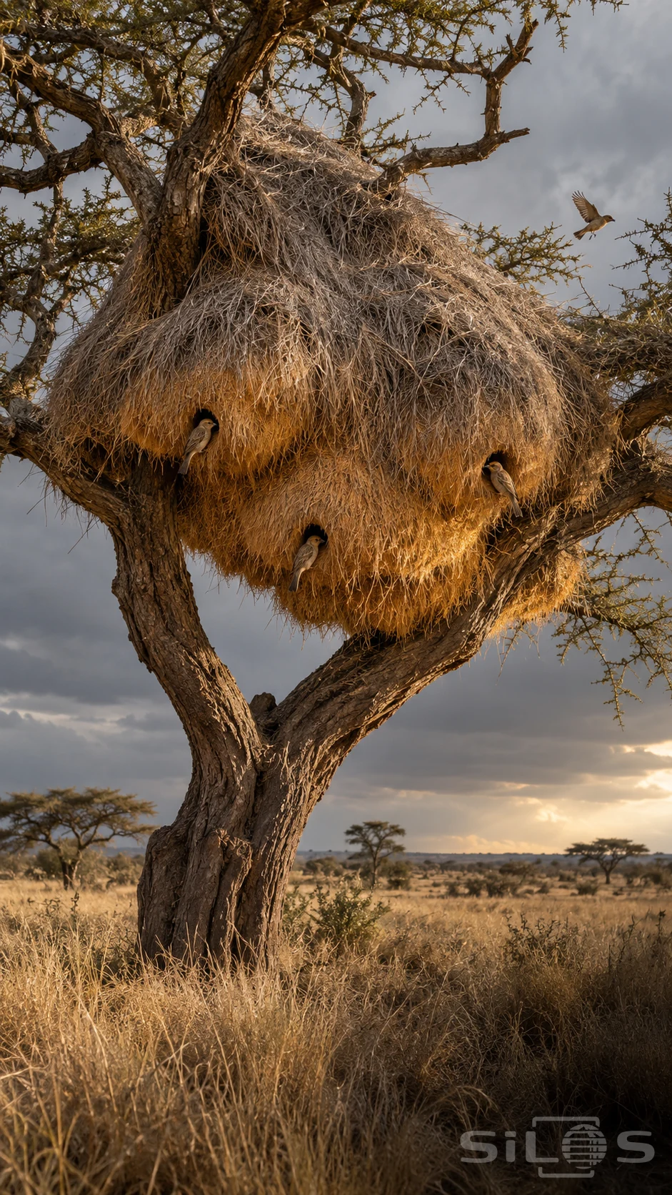 A huge weaver nest hangs across thick thorn-tree branches, with shaggy straw chambers, dark openings and small birds.