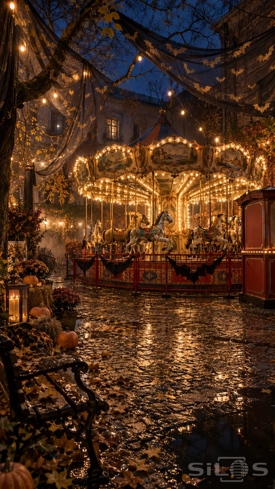 A carousel glows with warm bulbs beneath gold bat decorations, reflected in wet cobblestones in a dark enclosed courtyard.
