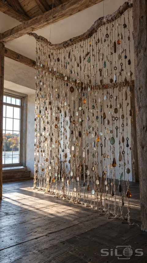 Tall curtain of knotted linen cords; keys; rings and sea glass suspended from a rough branch in a sunlit timber mill room