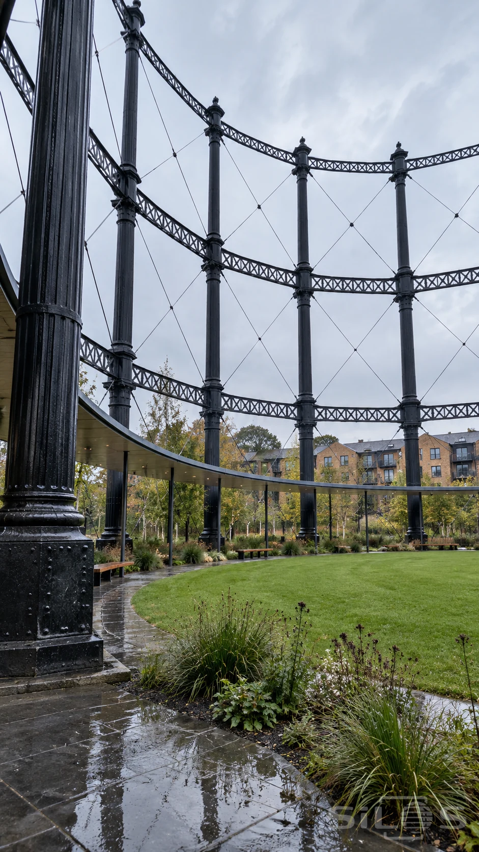 An empty gasholder garden sits within tall cast iron columns above wet paths, a lawn and a low circular canopy.