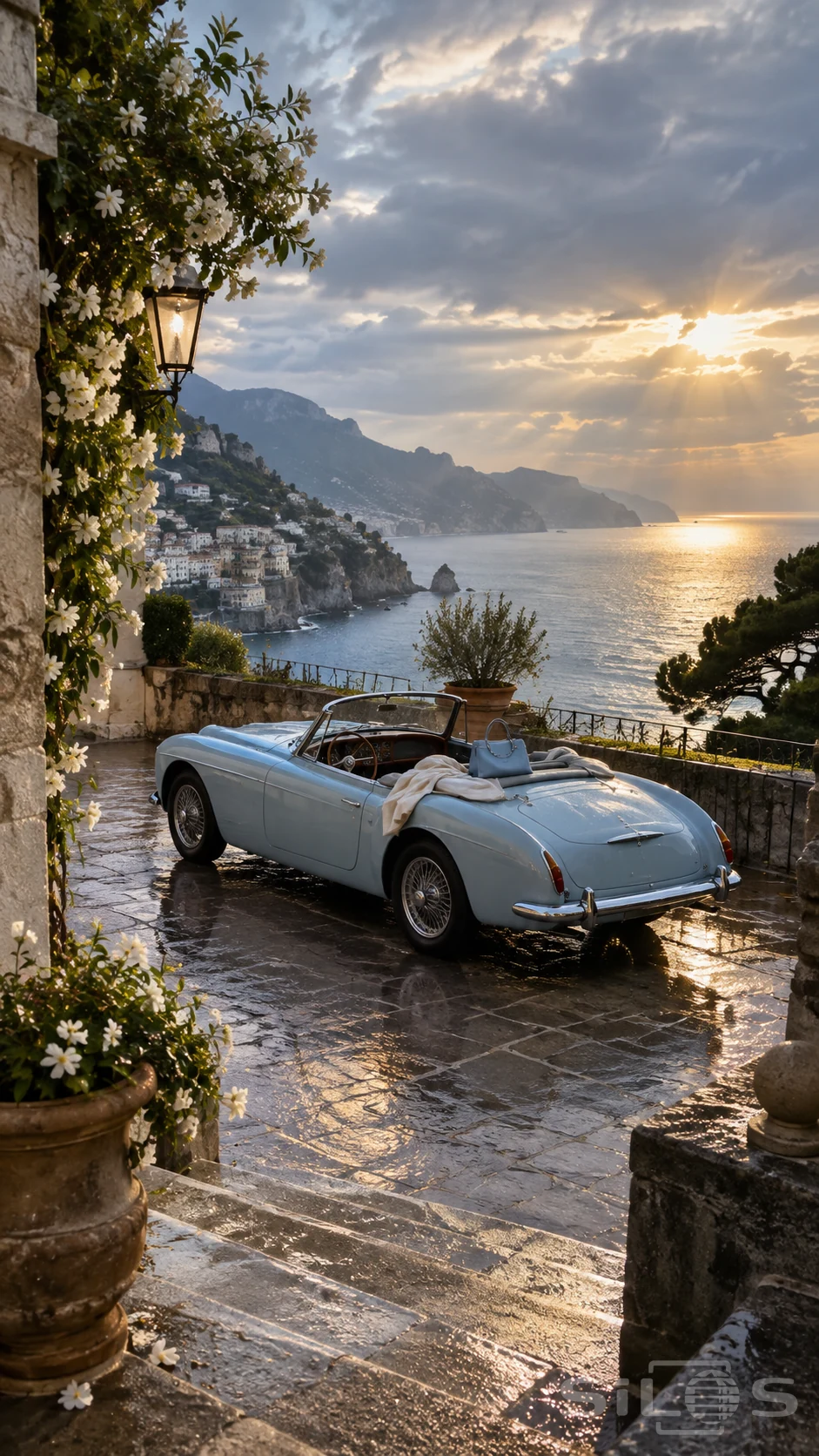 A blue coastal convertible rests on a stone terrace above the sea.
