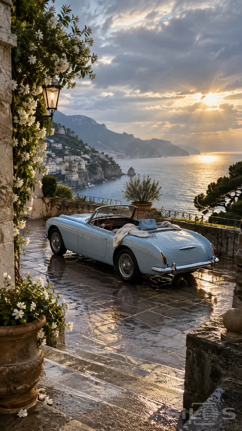A blue coastal convertible rests on a stone terrace above the sea.