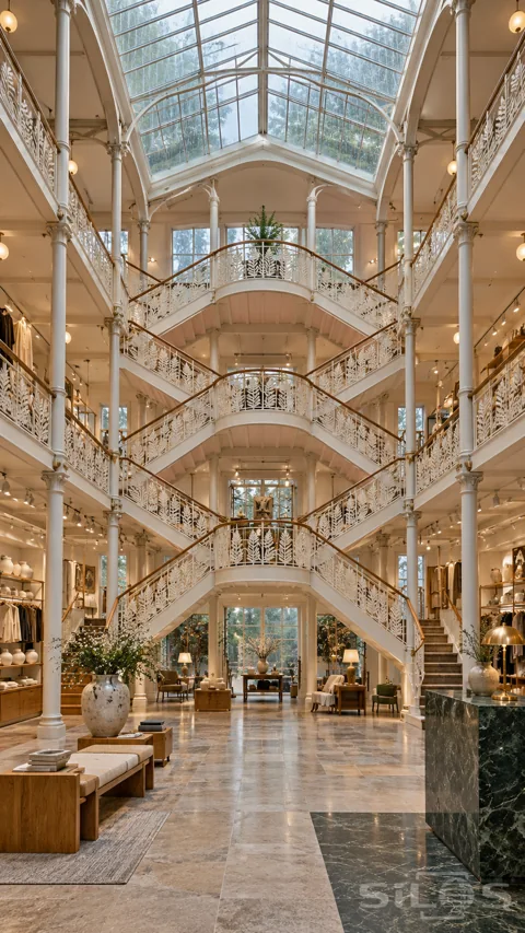 Grand white atrium with several paired staircases; fern-pattern iron railings; oak benches and a high glazed roof.