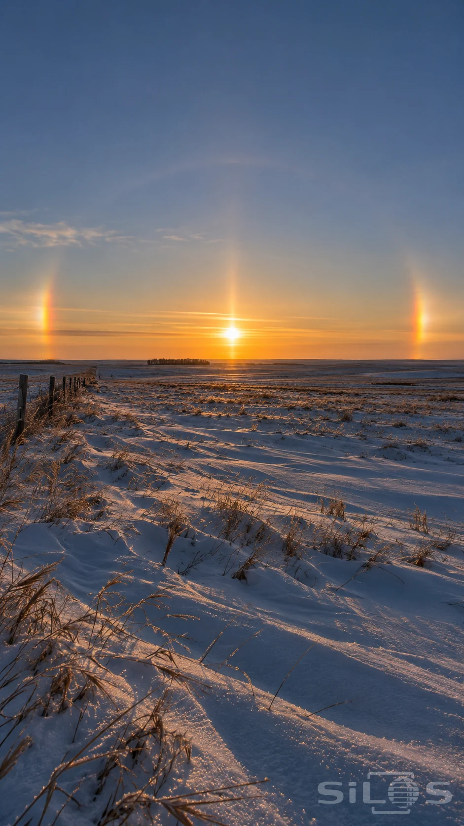 Two sundogs glow beside the low sun above a snowy winter prairie with dry grass and a receding fence.