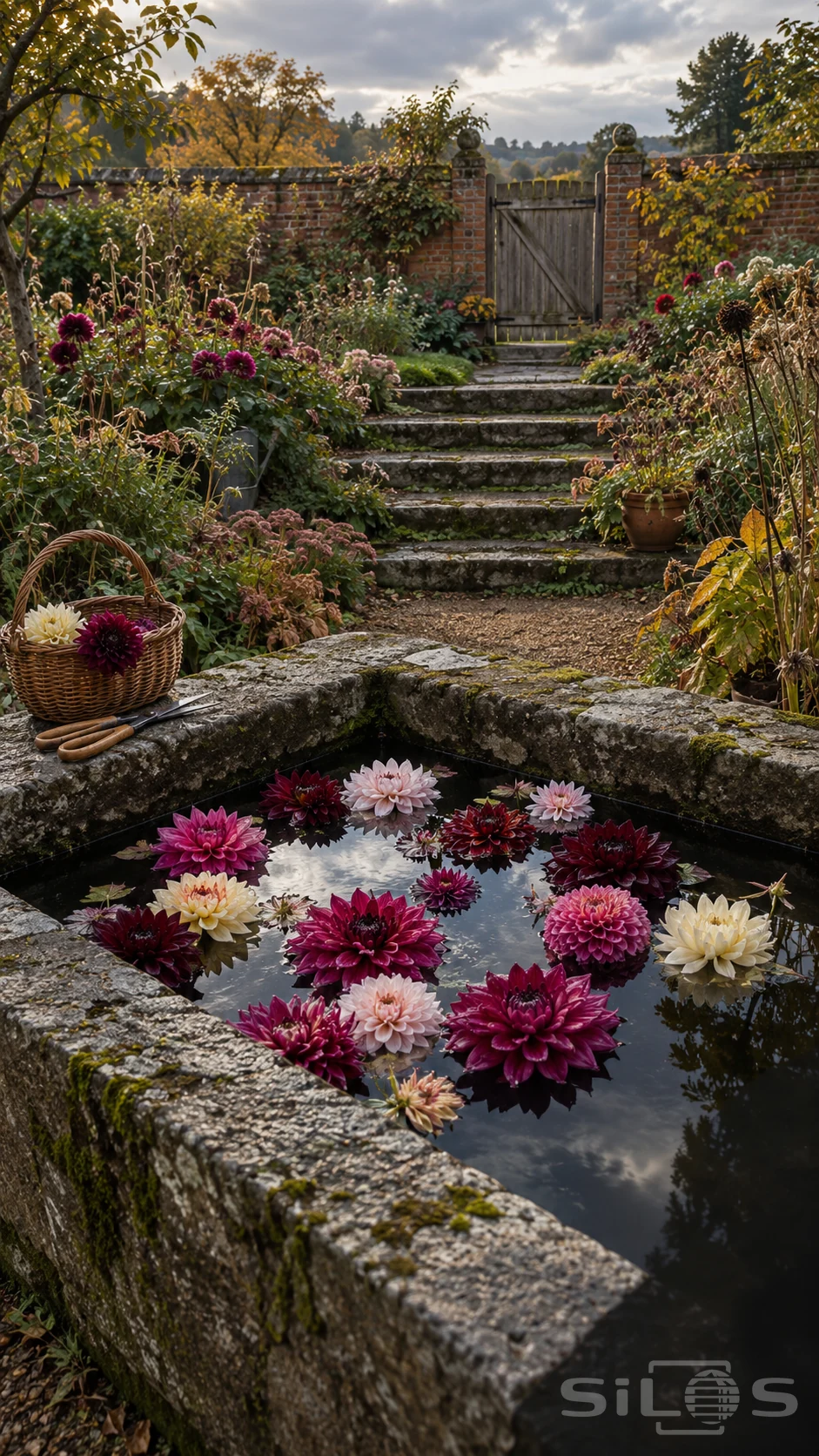 Dahlias float in a stone trough beside a basket and shears, with mossy steps leading through autumn beds to a timber gate.