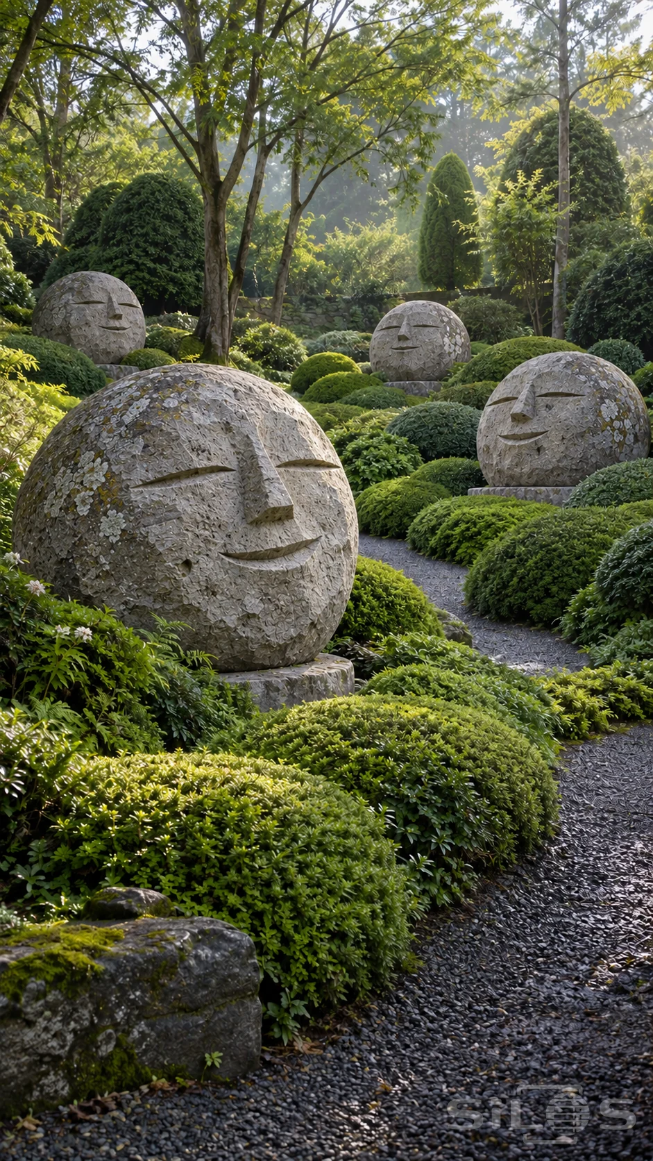 Four rough limestone spheres with simple chisel-cut smiles stand among clipped green shrubs beside a winding garden path.