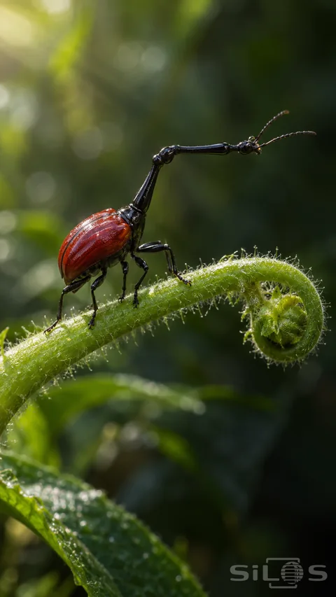 A giraffe weevil with red wing covers and a long bent black neck grips a curled green stem with slender black legs.