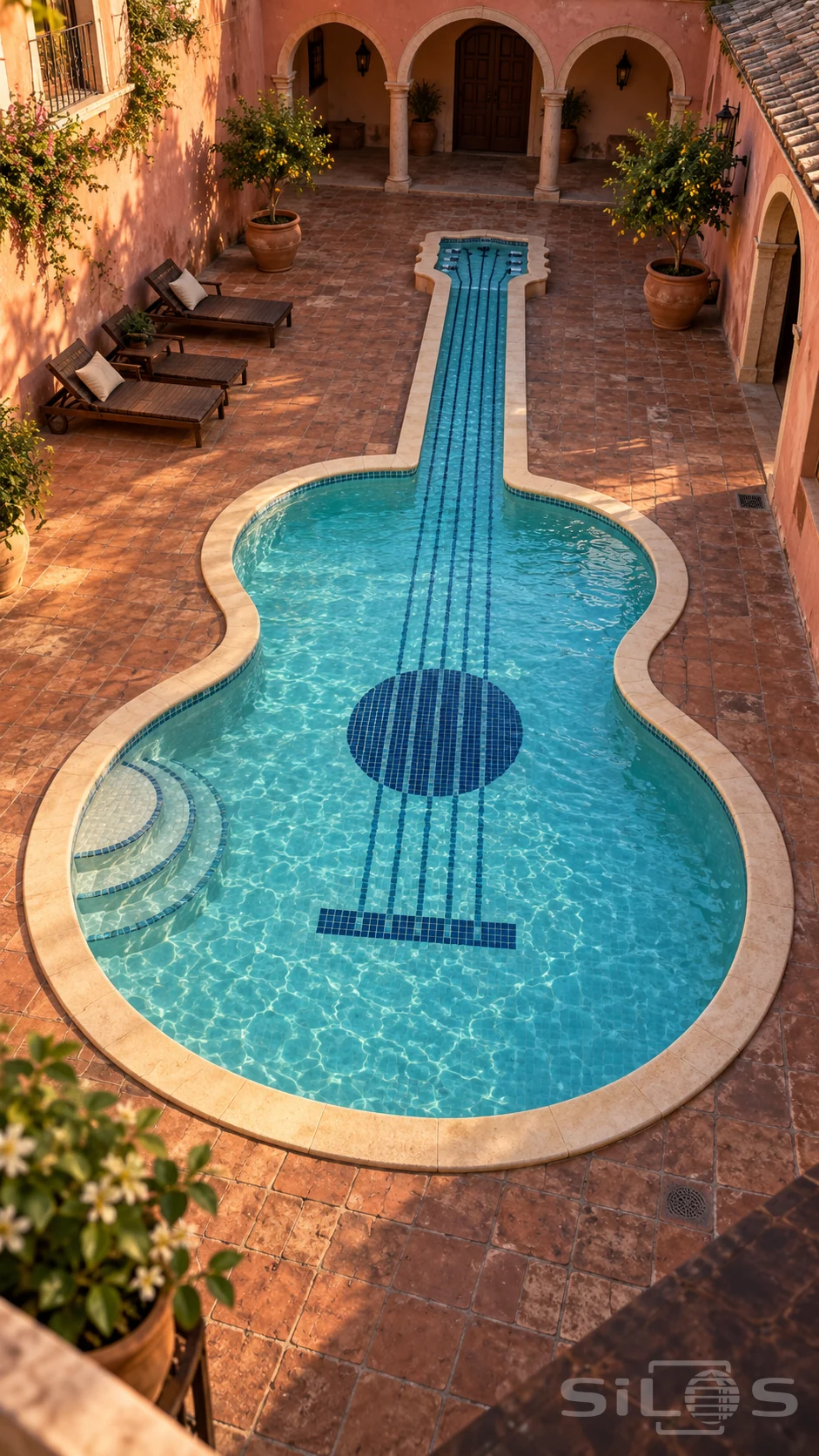 An empty guitar-shaped pool with dark mosaic strings sits in a rose-stucco courtyard with citrus trees and shaded arches.