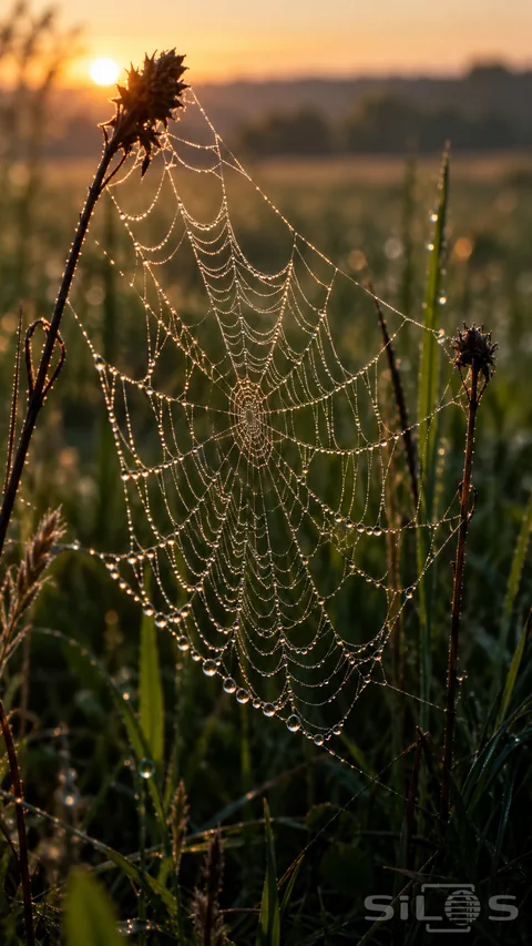 Dew beads cover a curved meadow web anchored between dark seed stems; with green grass and the low sun behind.