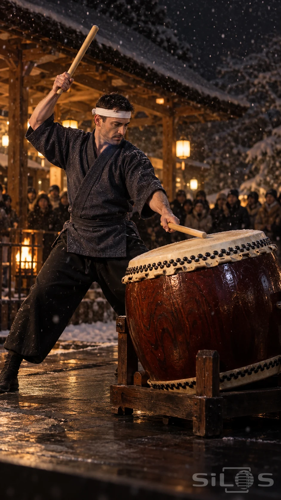 A man plays a large dark wooden taiko drum outdoors at night as snow falls in the stage light.