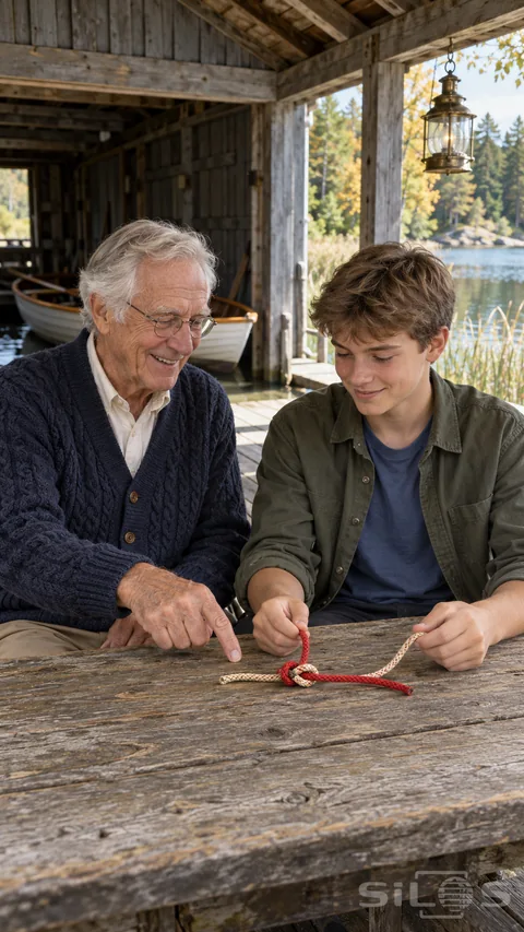 A grandfather points toward a rope knot as his teenage grandson holds braided cords at a table inside a timber boathouse.