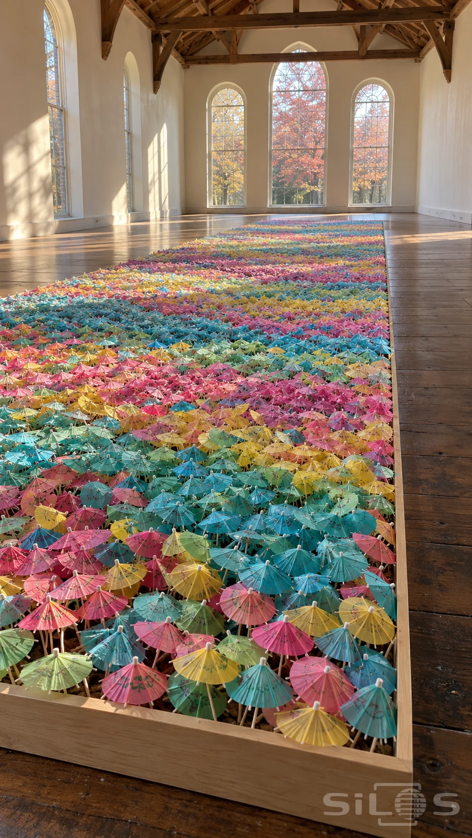 Thousands of tiny pink and turquoise paper cocktail parasols fill a shallow wooden frame in an empty sunlit gallery.