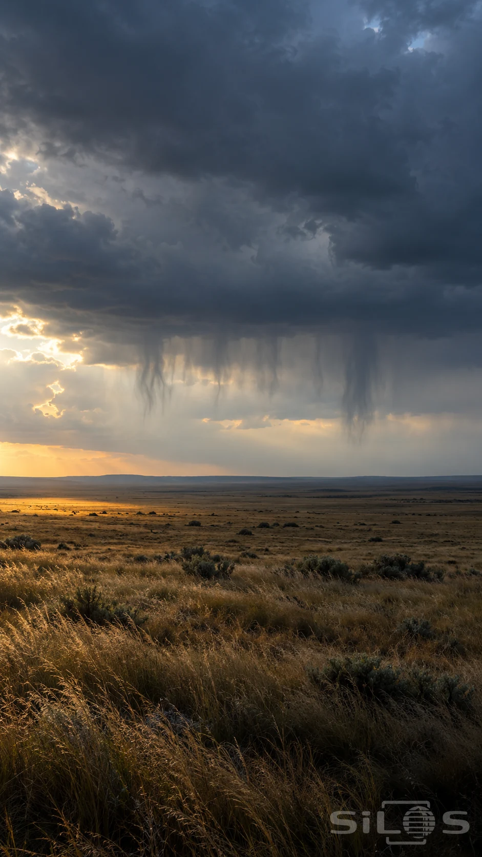 Rain wisps descend from slate clouds and fade above a flat grassland horizon, with a warm sunbreak lighting golden grasses.