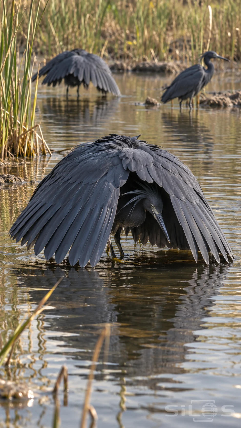 A black heron bends its wings into an umbrella over shallow water, with its head visible beneath and two herons farther back.