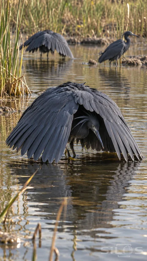 A black heron bends its wings into an umbrella over shallow water; with its head visible beneath and two herons farther back.