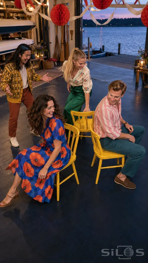 Four adults laugh around three yellow chairs at a musical chairs party in a decorated boathouse overlooking the river at dusk.