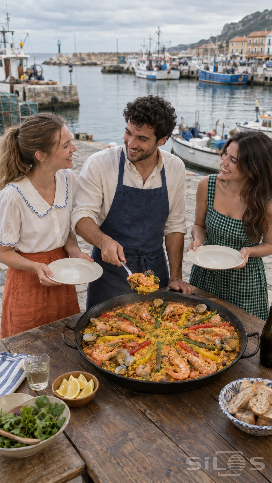 A paella gathering with three adult friends serving rice, shrimp, clams and colorful peppers at a harbor table.