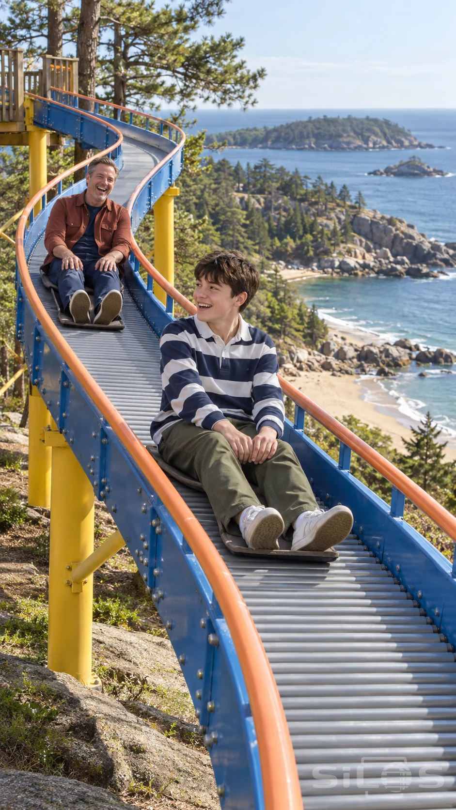 Roller slide laughter between a father and son on a blue steel track above a rocky seaside playground.