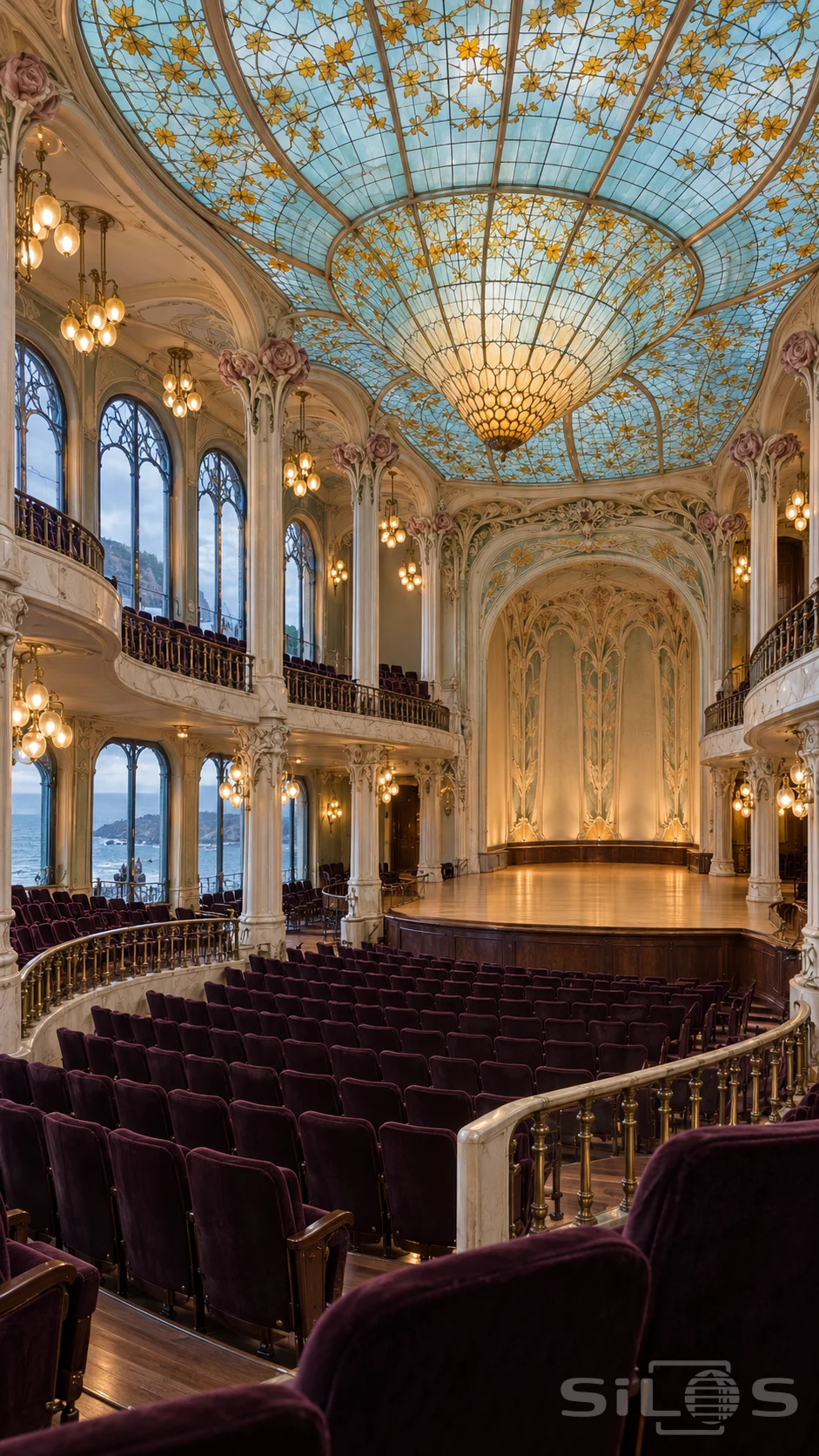 Empty concert hall with an aquamarine and amber stained-glass ceiling, cream floral columns, plum velvet seats and sea-facing windows.
