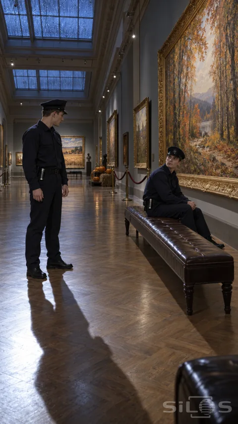 Two identical night guards face each other beside a leather gallery bench with one long human shadow on the parquet floor.