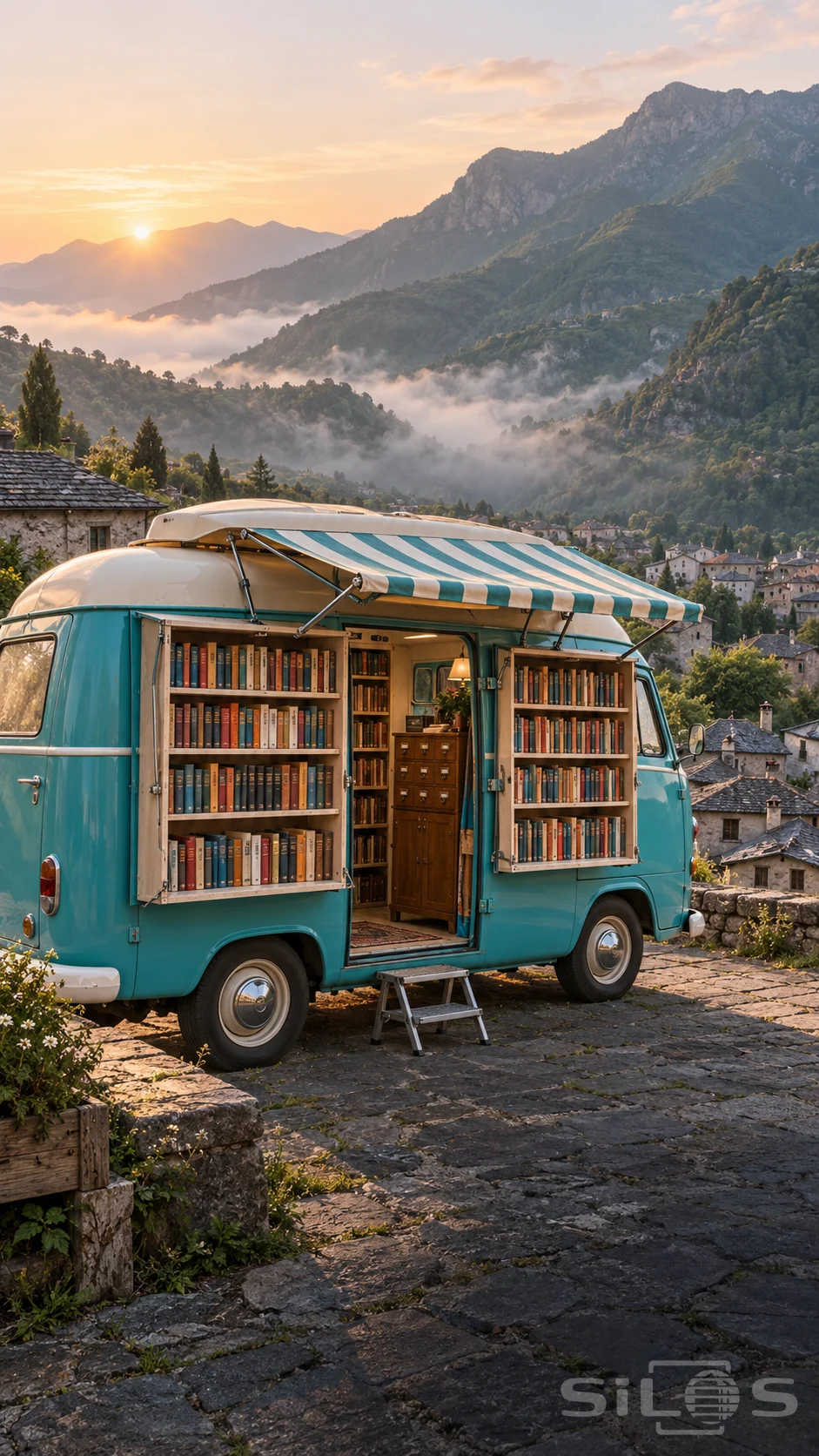 A turquoise mountain bookmobile opens fold-out bookshelves beneath a striped library awning above a misty village.
