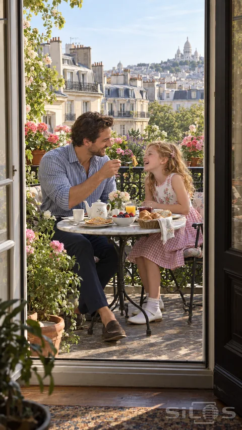 Father and daughter sharing breakfast on a flower-filled iron balcony above pale city rooftops.