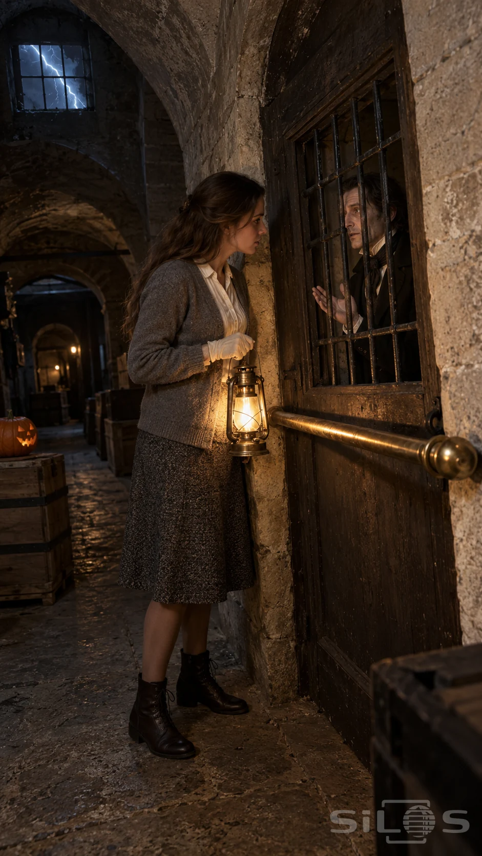 A curator with a lantern listens to a frock-coated man behind an iron grille above a brass pole barring an archive door.