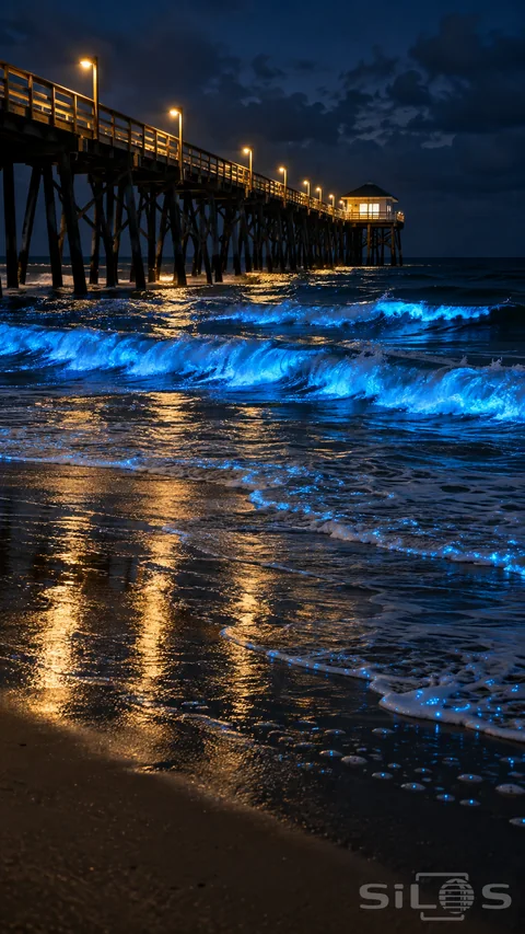 Bright blue waves break beneath a lamplit timber pier; leaving glowing foam across dark wet beach sand.