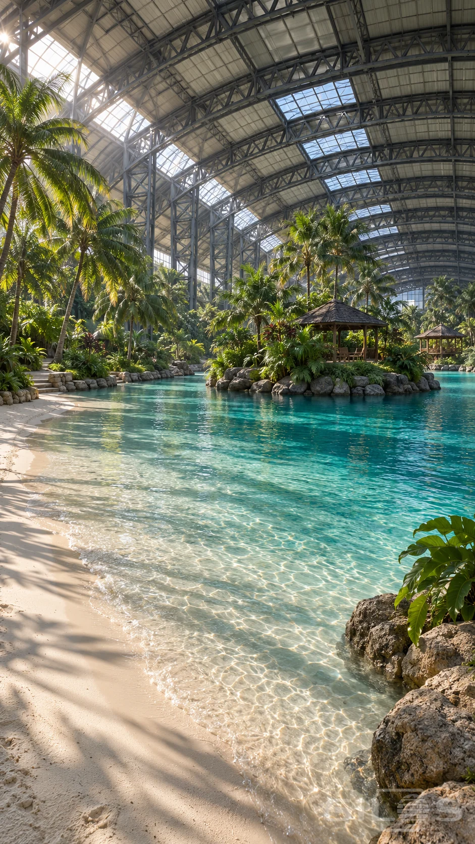 A pale sandy shore curves around clear turquoise water and palm-covered islands beneath the huge steel-trussed roof of an indoor hall.