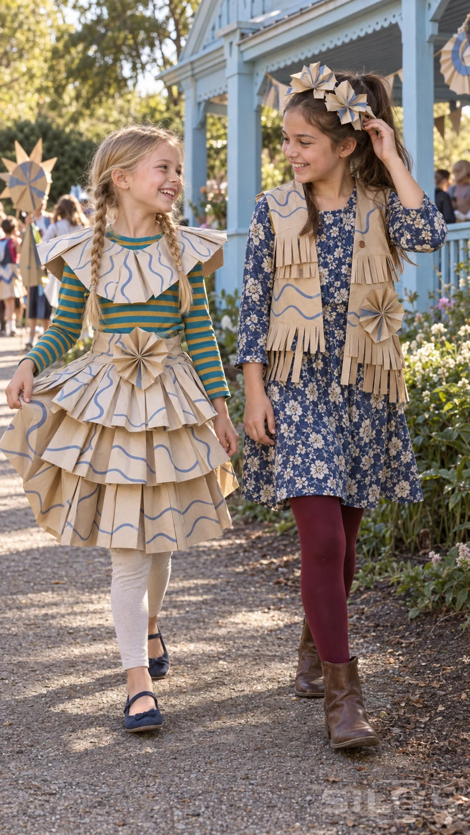 Two girls share a paper costume parade beside a blue garden pavilion, wearing pleated paper tiers, a fringed vest and folded flowers.