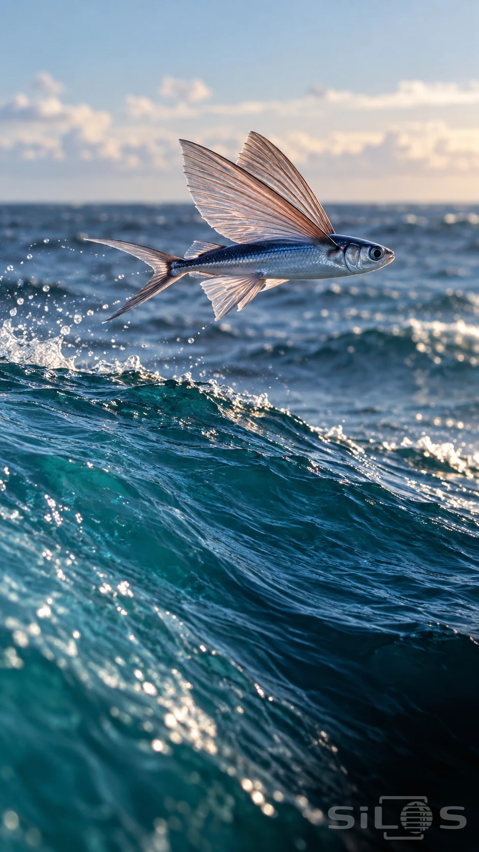 A blue-silver flying fish glides above a cobalt wave with large translucent fins and a trail of droplets.