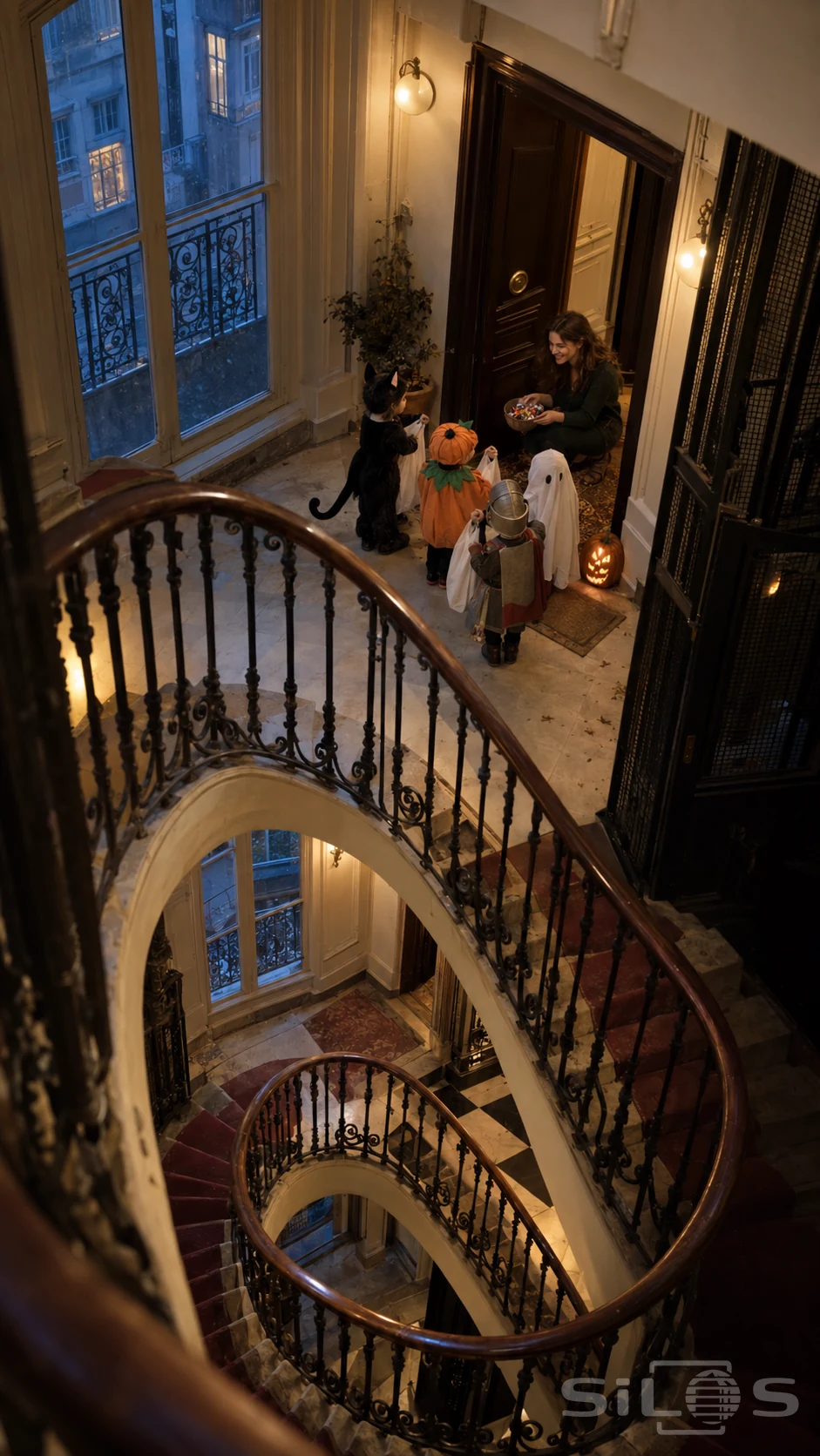 Four children in cat, pumpkin, ghost and knight costumes receive sweets from a woman on an old apartment landing.