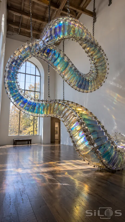 A huge transparent articulated coil hangs from steel chains in a bright gallery with blue and gold plates inside its clear ribs.