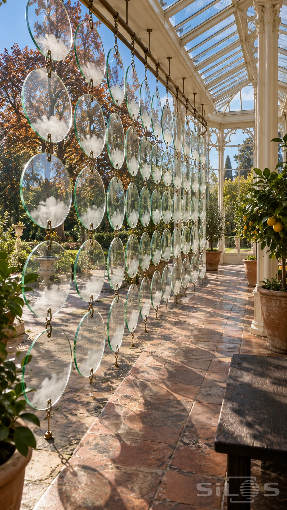 Clear glass discs with white cloud-like patches hang in linked rows inside a sunny conservatory with lemon trees.