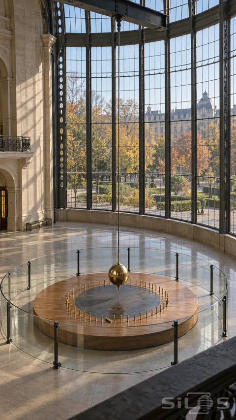A suspended brass pendulum above a circular wooden platform and brass pins; surrounded by a glass barrier in a tall museum gallery.